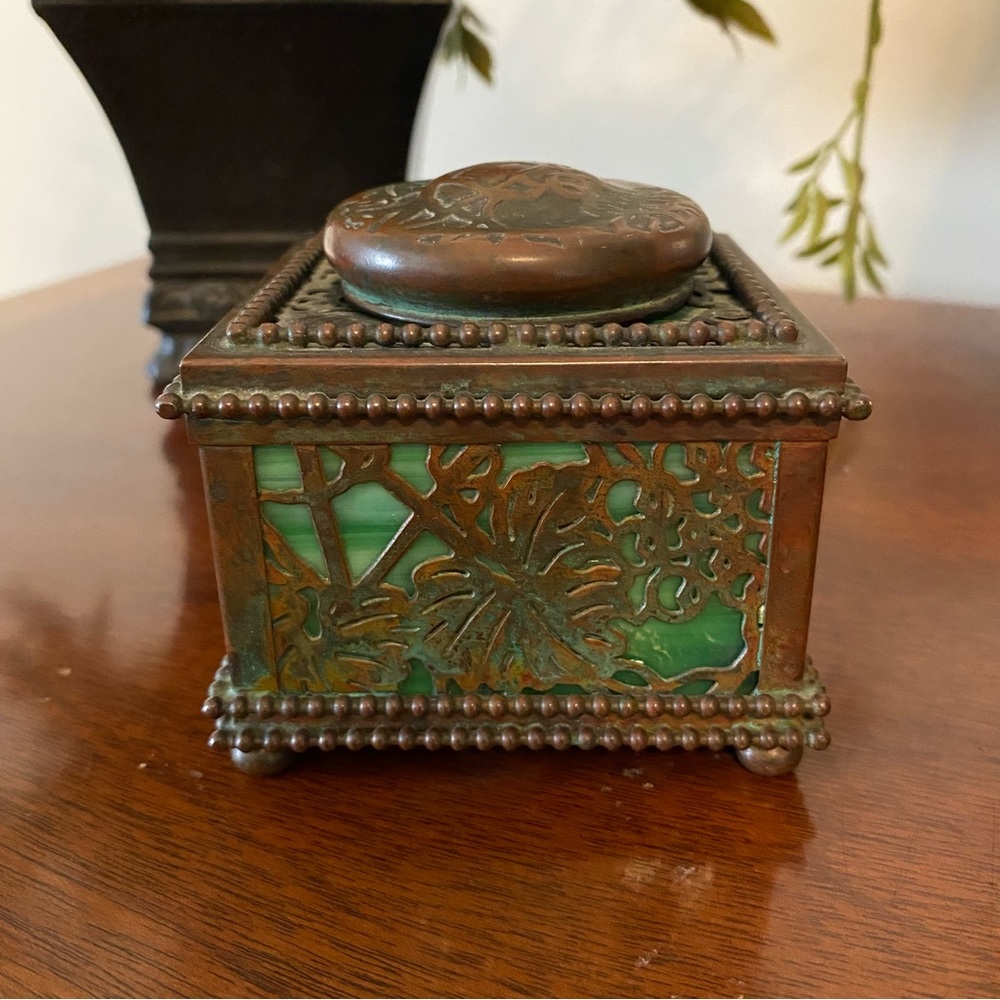 VTG Tiffany Studios ink well - bronze & swirled green stained glass marked 845